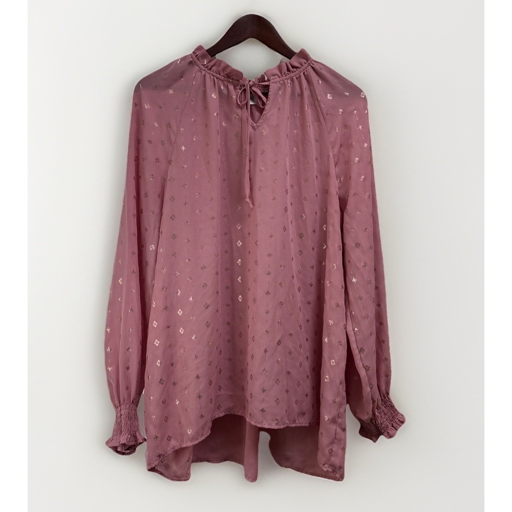 Time And Tru Women's Muave Polyester Ruffle Neck Career Long Sleeve Blouse Sz 16